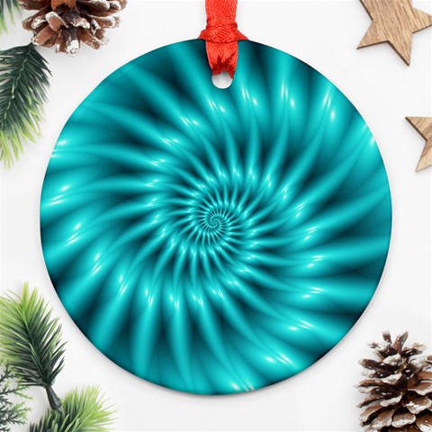 Glossy Turquoise Spiral Fractal  Round Ornament (Two Sides) from ArtsNow.com Back