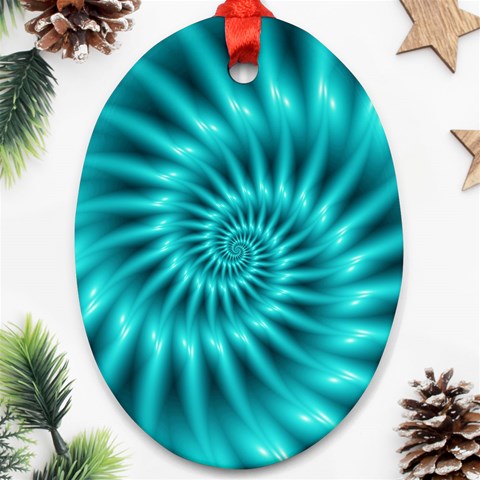 Glossy Turquoise Spiral Fractal  Oval Ornament (Two Sides) from ArtsNow.com Front