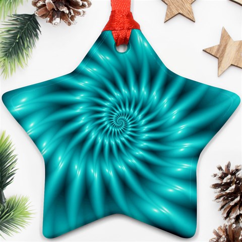 Glossy Turquoise Spiral Fractal  Star Ornament (Two Sides) from ArtsNow.com Front