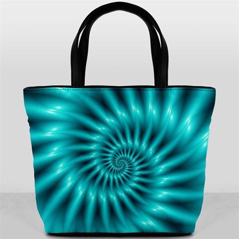 Glossy Turquoise Spiral Fractal  Bucket Bag from ArtsNow.com Front