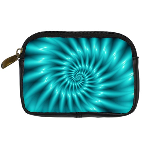 Glossy Turquoise Spiral Fractal  Digital Camera Leather Case from ArtsNow.com Front