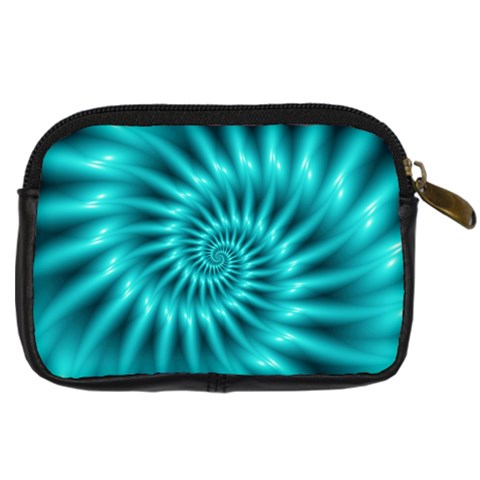 Glossy Turquoise Spiral Fractal  Digital Camera Leather Case from ArtsNow.com Back