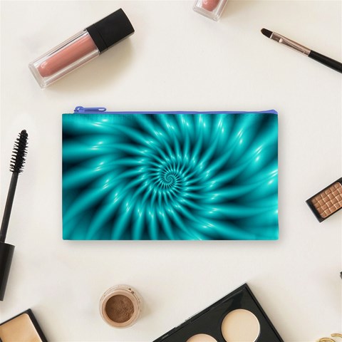 Glossy Turquoise Spiral Fractal  Cosmetic Bag (Small) from ArtsNow.com Front