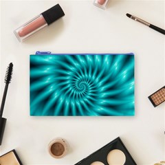 Glossy Turquoise Spiral Fractal  Cosmetic Bag (Small) from ArtsNow.com Front