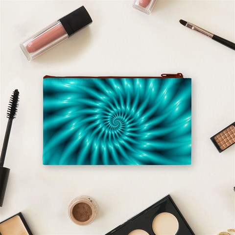 Glossy Turquoise Spiral Fractal  Cosmetic Bag (Small) from ArtsNow.com Back