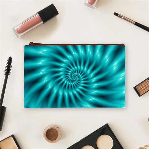 Glossy Turquoise Spiral Fractal  Cosmetic Bag (Medium) from ArtsNow.com Front