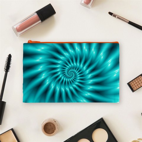 Glossy Turquoise Spiral Fractal  Cosmetic Bag (Medium) from ArtsNow.com Front