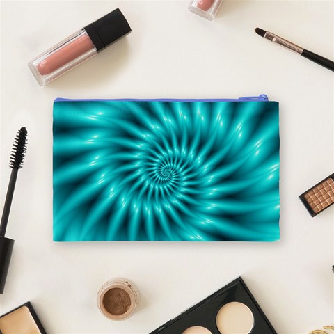 Glossy Turquoise Spiral Fractal  Cosmetic Bag (Medium) from ArtsNow.com Back