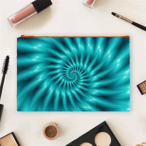 Glossy Turquoise Spiral Fractal  Cosmetic Bag (Large) from ArtsNow.com Front