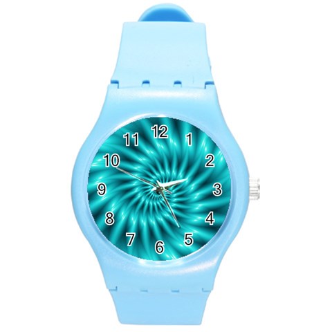 Glossy Turquoise Spiral Fractal  Round Plastic Sport Watch (M) from ArtsNow.com Front