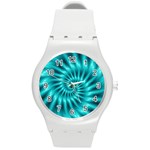 Glossy Turquoise Spiral Fractal  Round Plastic Sport Watch (M)