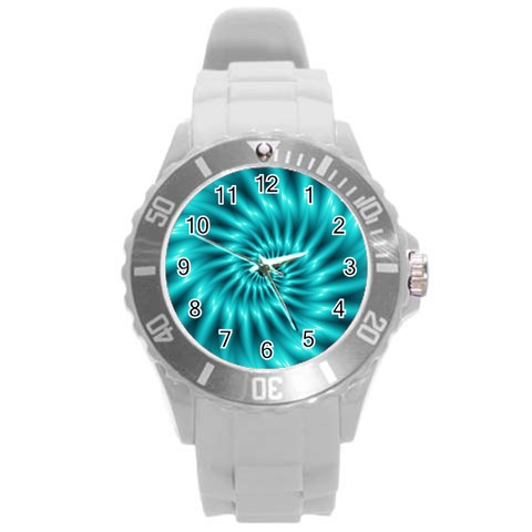 Glossy Turquoise Spiral Fractal  Round Plastic Sport Watch (L) from ArtsNow.com Front