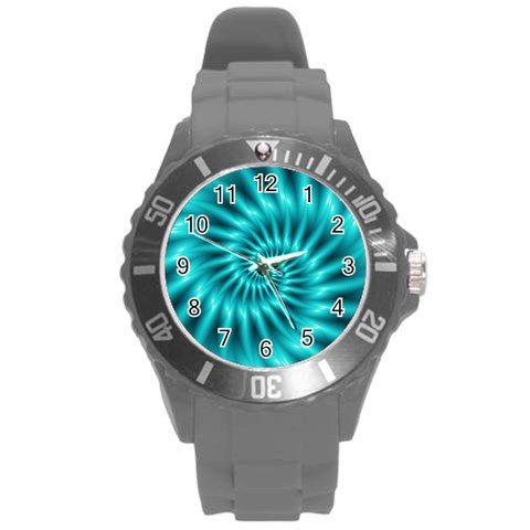 Glossy Turquoise Spiral Fractal  Round Plastic Sport Watch (L) from ArtsNow.com Front