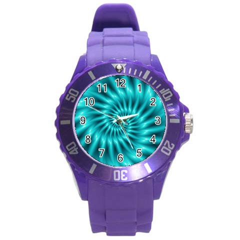 Glossy Turquoise Spiral Fractal  Round Plastic Sport Watch (L) from ArtsNow.com Front