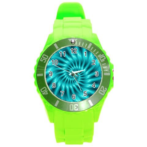 Glossy Turquoise Spiral Fractal  Round Plastic Sport Watch (L) from ArtsNow.com Front