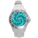 Glossy Turquoise Spiral Fractal  Round Plastic Sport Watch (L)