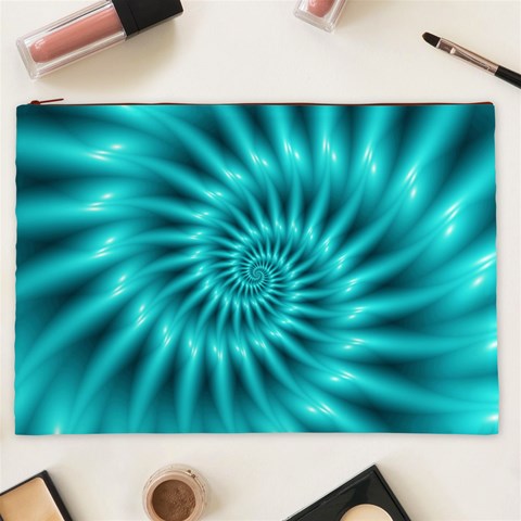 Glossy Turquoise Spiral Fractal  Cosmetic Bag (XXL) from ArtsNow.com Front