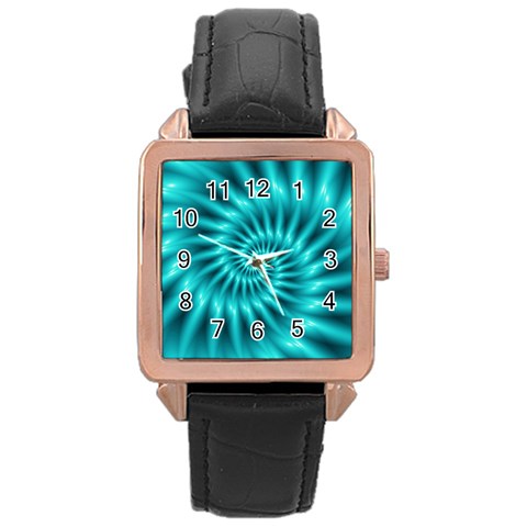 Glossy Turquoise Spiral Fractal  Rose Gold Leather Watch  from ArtsNow.com Front