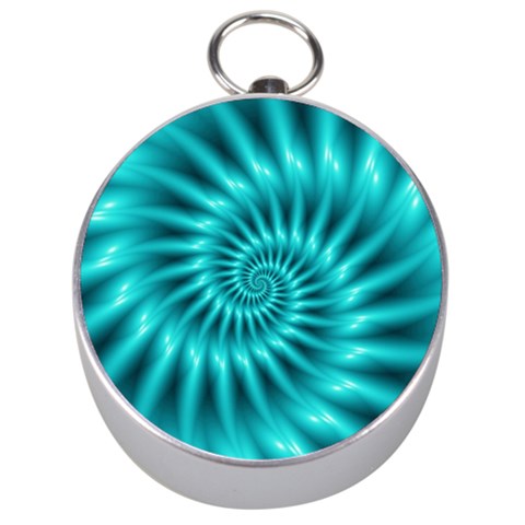 Glossy Turquoise Spiral Fractal  Silver Compass from ArtsNow.com Front