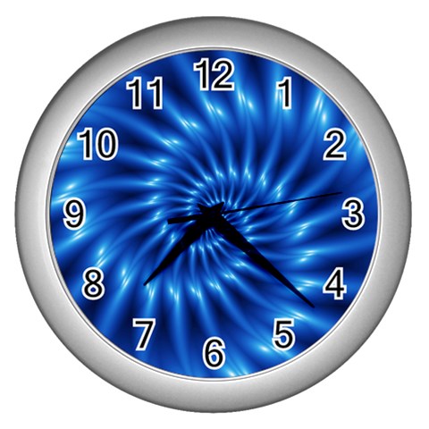 Glossy Electric Blue Spiral Fractal  Wall Clock (Silver) from ArtsNow.com Front