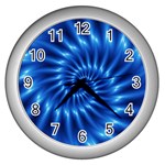 Glossy Electric Blue Spiral Fractal  Wall Clock (Silver)