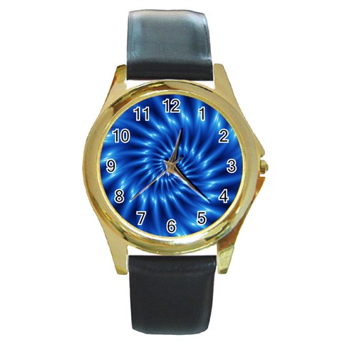 Glossy Electric Blue Spiral Fractal  Round Gold Metal Watch from ArtsNow.com Front