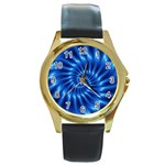 Glossy Electric Blue Spiral Fractal  Round Gold Metal Watch