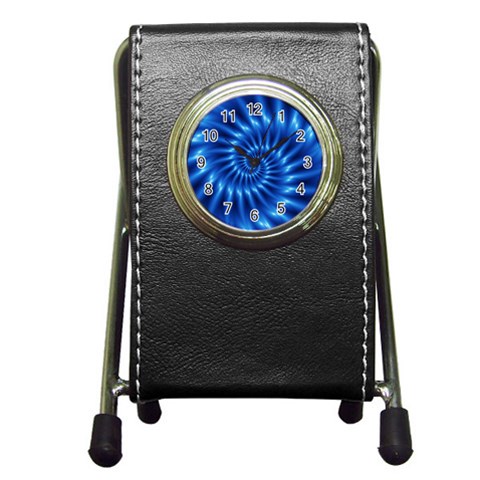 Glossy Electric Blue Spiral Fractal  Pen Holder Desk Clock from ArtsNow.com Front