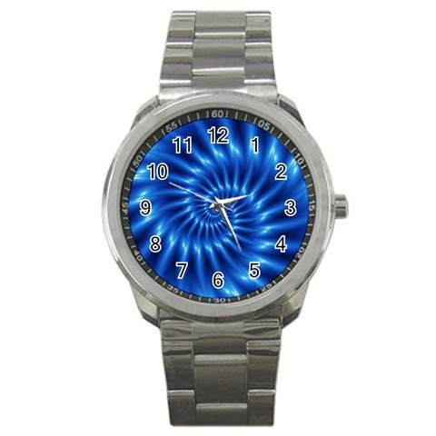 Glossy Electric Blue Spiral Fractal  Sport Metal Watch from ArtsNow.com Front