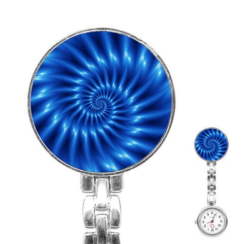 Glossy Electric Blue Spiral Fractal  Stainless Steel Nurses Watch from ArtsNow.com Front