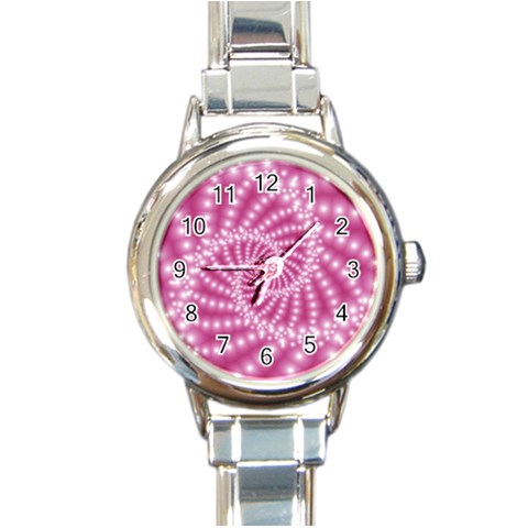 Glossy Pastel Pink Beaded Spiral Fractal  Round Italian Charm Watch from ArtsNow.com Front