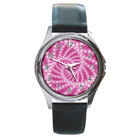 Glossy Pastel Pink Beaded Spiral Fractal  Round Metal Watch from ArtsNow.com Front