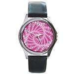 Glossy Pastel Pink Beaded Spiral Fractal  Round Metal Watch