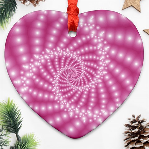 Glossy Pastel Pink Beaded Spiral Fractal  Ornament (Heart) from ArtsNow.com Front