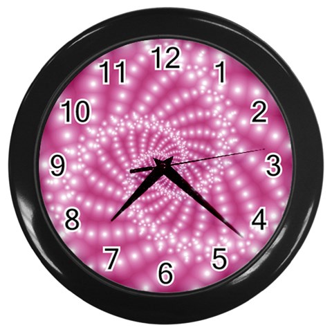 Glossy Pastel Pink Beaded Spiral Fractal  Wall Clock (Black) from ArtsNow.com Front