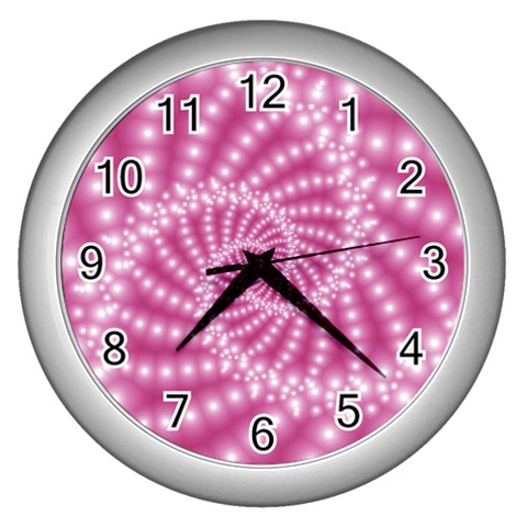 Glossy Pastel Pink Beaded Spiral Fractal  Wall Clock (Silver) from ArtsNow.com Front