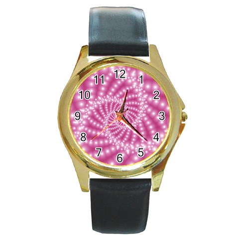 Glossy Pastel Pink Beaded Spiral Fractal  Round Gold Metal Watch from ArtsNow.com Front