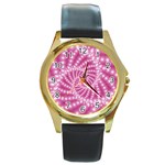 Glossy Pastel Pink Beaded Spiral Fractal  Round Gold Metal Watch