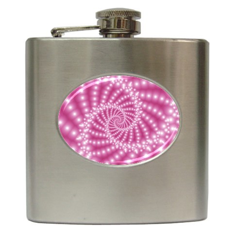 Glossy Pastel Pink Beaded Spiral Fractal  Hip Flask (6 oz) from ArtsNow.com Front