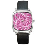 Glossy Pastel Pink Beaded Spiral Fractal  Square Metal Watch