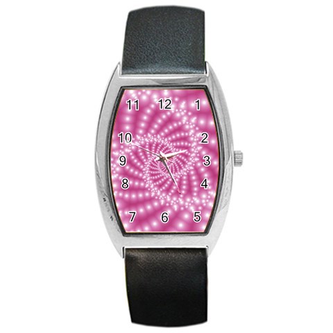 Glossy Pastel Pink Beaded Spiral Fractal  Barrel Style Metal Watch from ArtsNow.com Front