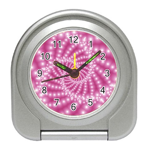 Glossy Pastel Pink Beaded Spiral Fractal  Travel Alarm Clock from ArtsNow.com Front