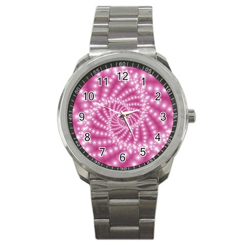 Glossy Pastel Pink Beaded Spiral Fractal  Sport Metal Watch from ArtsNow.com Front