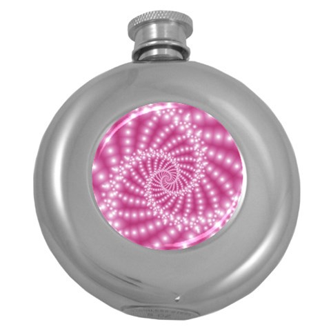 Glossy Pastel Pink Beaded Spiral Fractal  Hip Flask (5 oz) from ArtsNow.com Front