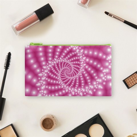 Glossy Pastel Pink Beaded Spiral Fractal  Cosmetic Bag (Small) from ArtsNow.com Front