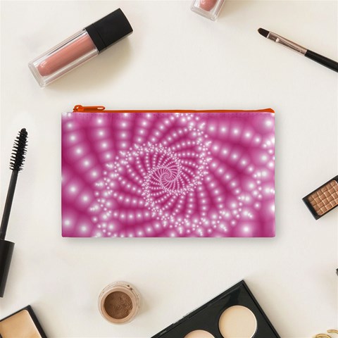 Glossy Pastel Pink Beaded Spiral Fractal  Cosmetic Bag (Small) from ArtsNow.com Front