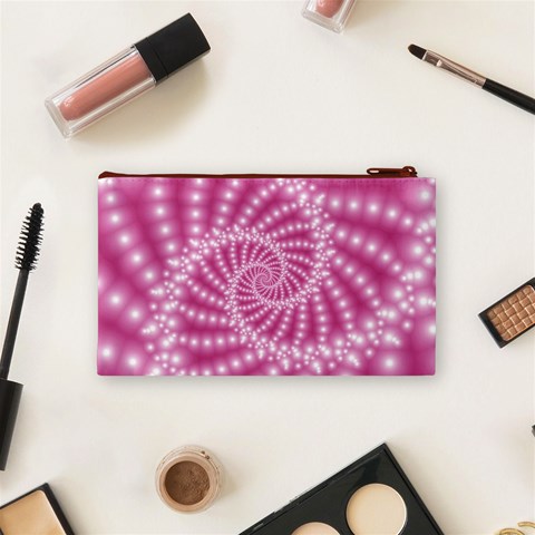 Glossy Pastel Pink Beaded Spiral Fractal  Cosmetic Bag (Small) from ArtsNow.com Back