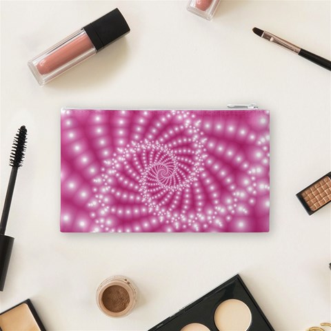 Glossy Pastel Pink Beaded Spiral Fractal  Cosmetic Bag (Small) from ArtsNow.com Back