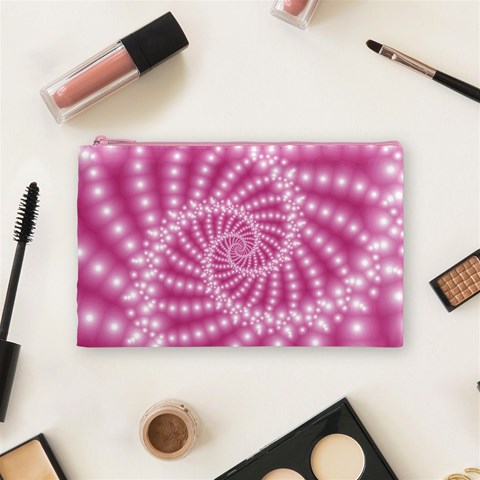 Glossy Pastel Pink Beaded Spiral Fractal  Cosmetic Bag (Medium) from ArtsNow.com Front