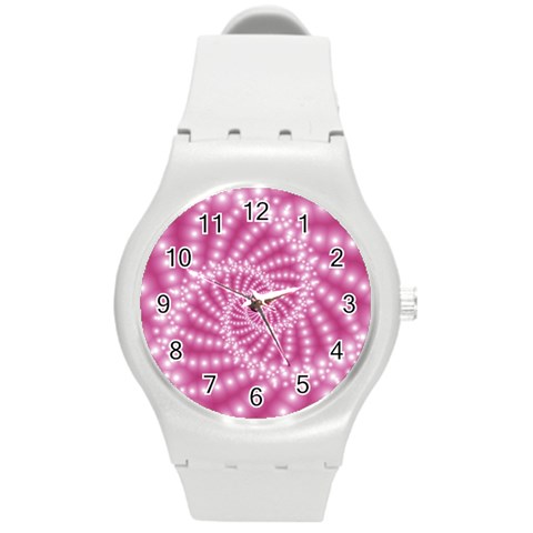 Glossy Pastel Pink Beaded Spiral Fractal  Round Plastic Sport Watch (M) from ArtsNow.com Front